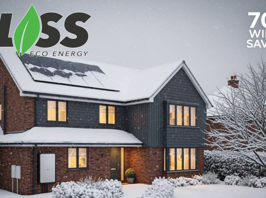 Modern UK home with solar panels in winter snow showing 70% energy bill